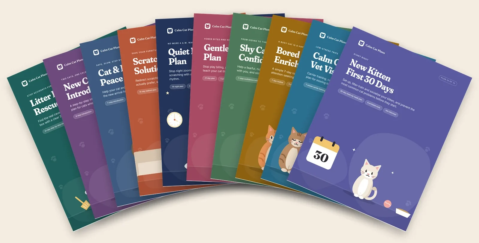 The ten Calm Cat Plans guides fanned out, each with a colored illustrated cover